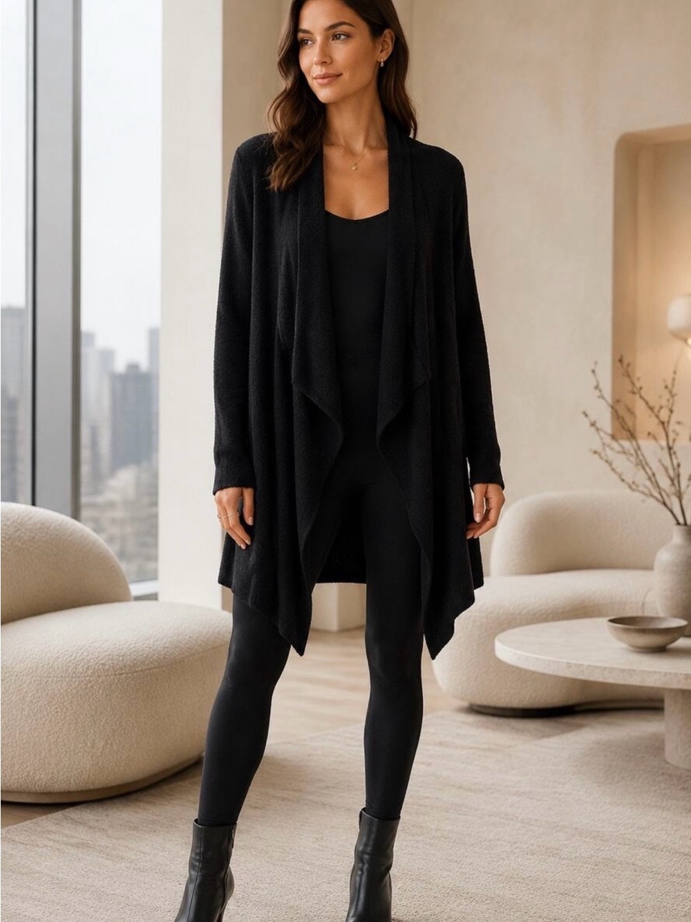 Barefoot Dreams Black Draped Open-Front Cardigan
